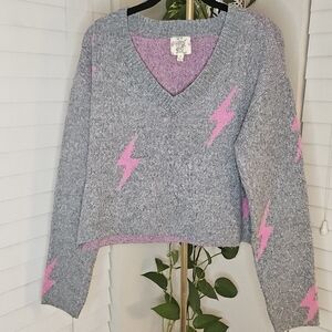 Hippie Rose Heather Gray V-Neck Sweater with Pink Lightning